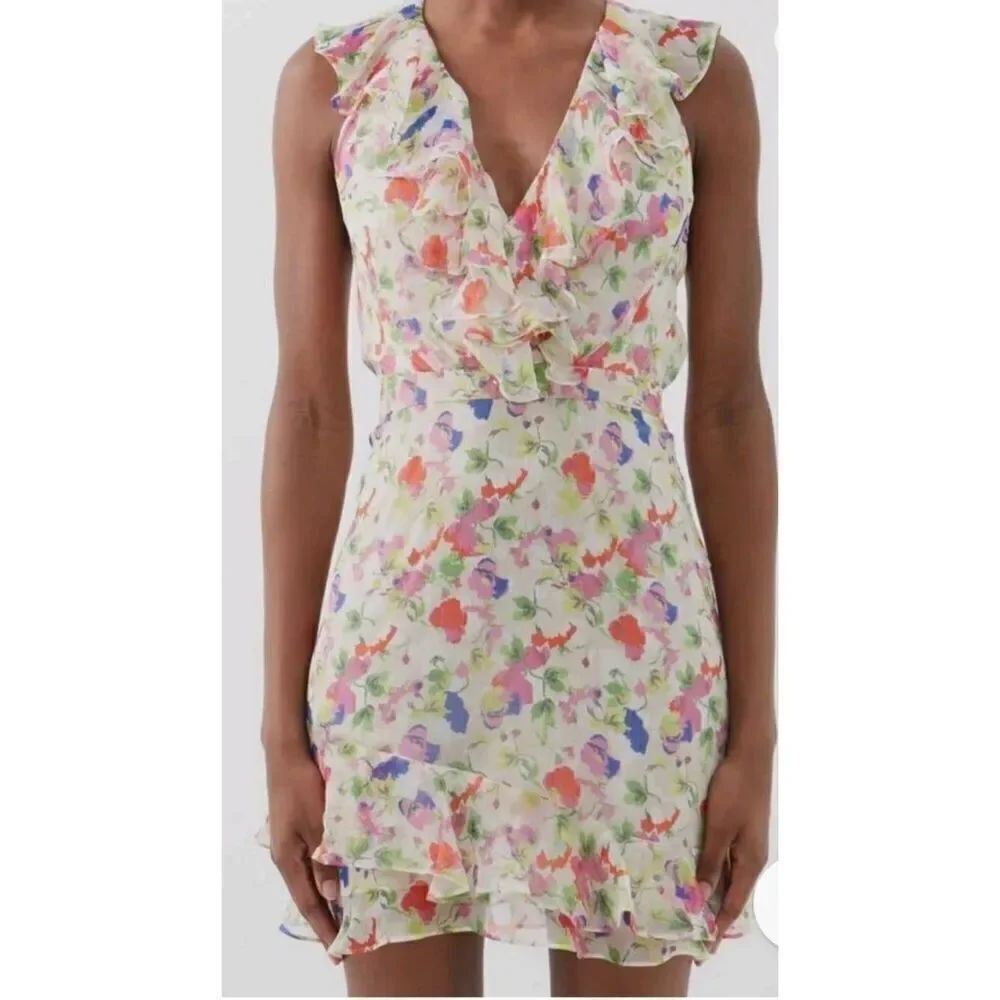 Saloni Women's White Silk Cece Floral-Print Mini Dress Size US 6
